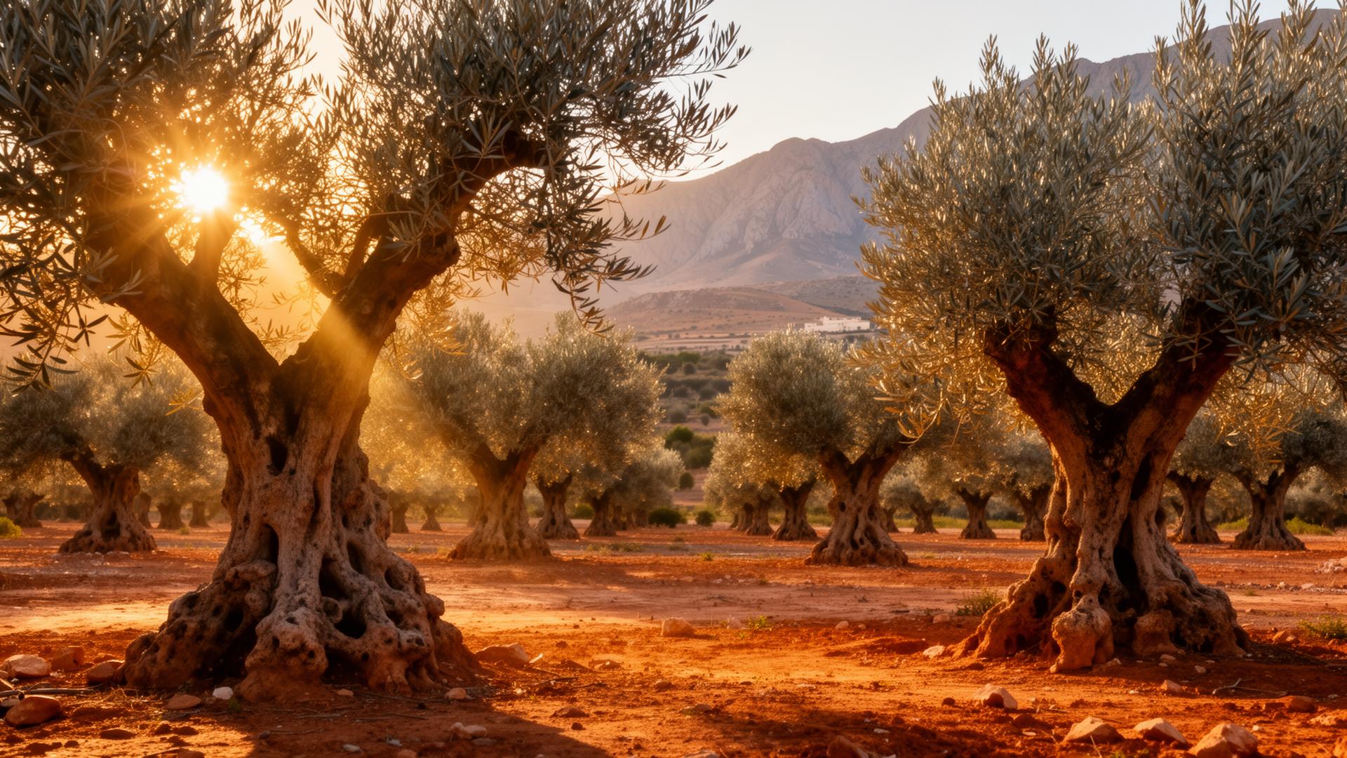 Oliveraie ancestrale en Algérie au coucher du soleil